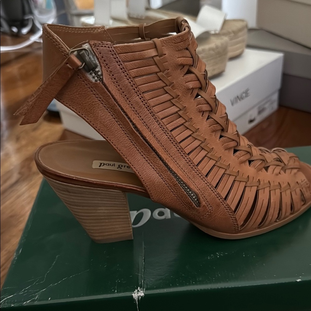 Paul Green Tan Heels with Woven Design